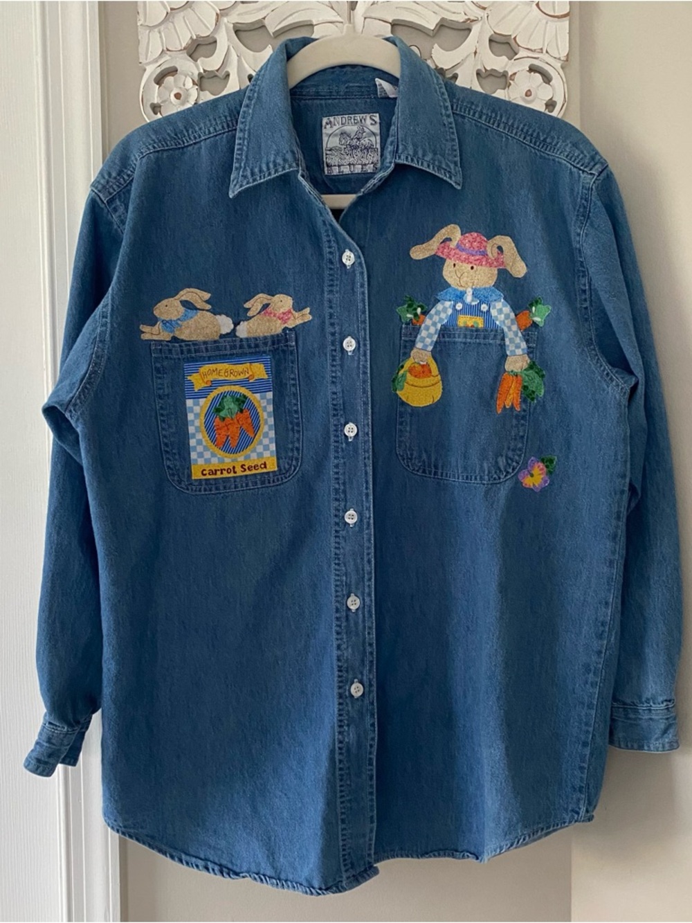 Andrew's Blues Vintage Denim Bunny Spring Easter Top Whimsical Artsy Garden S
